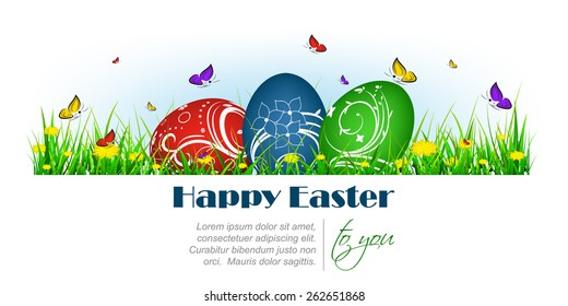 Happy easter vector banner with painted eggs, butterflies and dandelion 