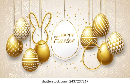 Happy Easter vector banner and poster template with golden 3D eggs. Easter design for background, invitation, flyer and greeting card template.