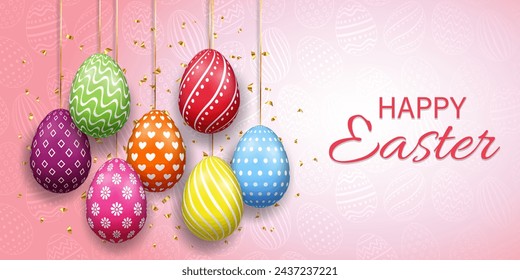 Happy Easter vector banner and poster template with colorful 3D eggs. Easter design for background, invitation, flyer and greeting card template.