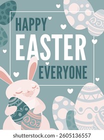 Happy Easter vector banner template. Cute bunny holding big eggs. Pastel blue holiday poster design. Many simple elements signs set. Flat cartoon style card. Funny festive layout. Social media post