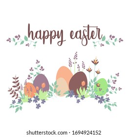 Happy Easter vector for book cover, banners, flyers, posters, brochures, invitations, presentations, gift cards. Eggs, flowers and springtime.