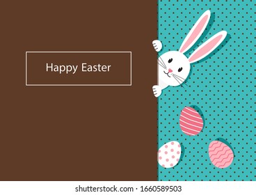 Happy Easter, vector bunny and eggs greeting card. Paper rabbit on polka dot turquoise and chocolate background. Spring holiday illustration