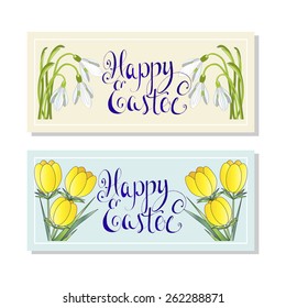 happy Easter. vector calligraphic inscription with snowdrops and with crocuses. sample banner or greeting card
