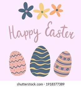 Happy easter. Vector calligraphy quote with eggs and flowers. 