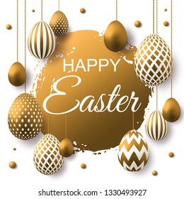 Happy Easter vector card with 3D realistic golden decorated eggs, beads and  brush splash. Holiday background, greeting card, poster, flyer, web-banner, invitation. Sale template