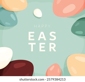 Happy Easter vector card background. Greeting pattern with color easter eggs in modern cartoon style. Typography text design. Cute creative holiday concept.