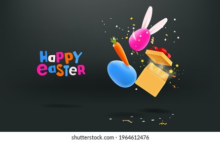 Happy Easter vector card. Easter banner with falling realistic objects. 3d style cute illustration