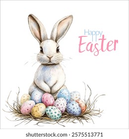 Happy Easter vector card or banner with traditional rabbit sitting in the nest with colored eggs. Christian holiday symbols and congratulations text. Lettering and cartoon brooding bunny illustration.