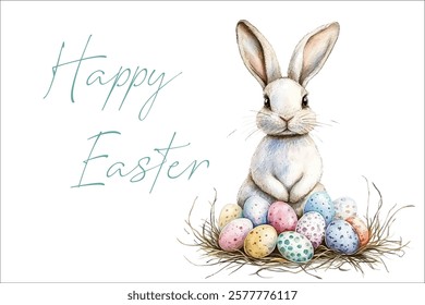 Happy Easter vector card or banner with traditional rabbit sitting in the nest with colored eggs. Christian holiday symbols and congratulations text. Lettering and cartoon brooding bunny illustration.