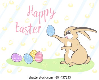 Happy Easter vector card or banner with traditional rabbit. Christian holiday symbols and congratulations text. Colorful cartoon illustration. Bunny holding blue egg with flower ornament.