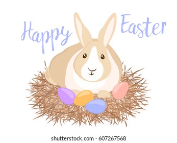 Happy Easter vector card or banner with traditional rabbit sitting in the nest with colored eggs. Christian holiday symbols and congratulations text. Lettering and cartoon brooding bunny illustration.