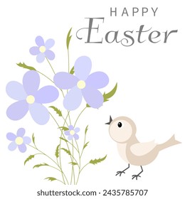 Happy Easter vector card. Blue flowers, a bird and the inscription Happy Easter. Spring card. Postcard with spring flowers. 