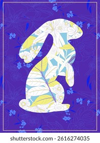 Happy Easter vector card with bunny, flowers and botanical elements, with the phrase "Happy Easter!" in the center. Perfect for holiday cards, decorations, and design projects