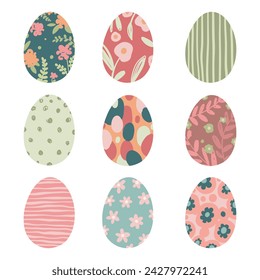 Happy Easter vector card colorful eggs. Design of Spring greeting card. Vertical card with egg, spring flowers design decorative.