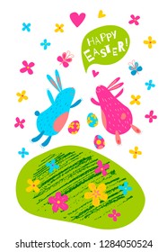 Happy Easter vector card. Cute pink and blue bunnies jump on glade. Hand drawn elements: bunny, flowers, eggs, butterfly. Funny Easter rabbit.