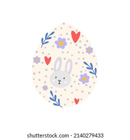 Happy Easter Vector Card. Cute Egg with drawn floral pattern inside. Easter Illustration in scandinavian style for Card, Greeting, Banner.