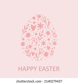 Happy Easter Vector Card. Cute Egg with drawn floral pattern inside. Easter Illustration in scandinavian style for Card, Greeting, Banner.