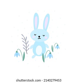 Happy Easter Vector Card. Cute Bunny with flower. Easter Illustration in scandinavian style for Card, Greeting, Banner.