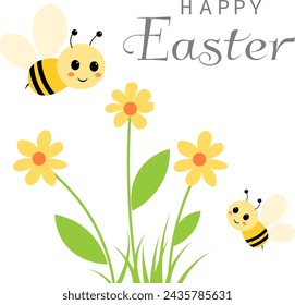 Happy Easter vector card. Cute bees and flower. Spring card. Postcard with spring flowers.