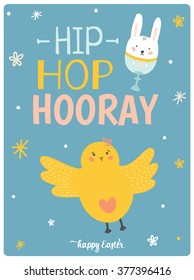Happy Easter vector card in vector. Cute chicken in stylish colors. Hip hop hooray 3x4 poster. Holidays spring and summer cartoon concept collection