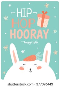 Happy Easter vector card in vector. Cute smiling Bunny face in stylish colors. Hip hop hooray 3x4 poster. Holidays spring and summer cartoon concept collection