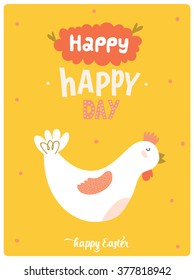 Happy Easter vector card in vector. Cute chicken in stylish colors. Happy day 3x4 poster. Holidays spring and summer cartoon concept collection