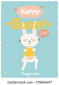 Happy Easter vector card in vector. Cute smiling Bunny in stylish colors. Happy Bunny's day 3x4 poster. Holidays spring and summer cartoon concept collection