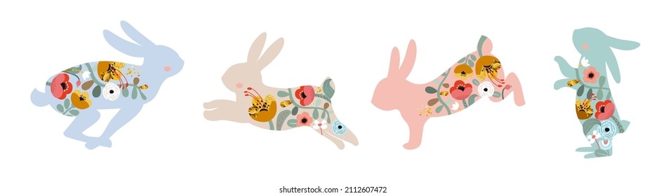 Happy Easter vector easter card. Decorated horizontal banner. Illustrations of Bunnies and rabbits, Easter eggs and flowers. Folk style icons patterned design border. 