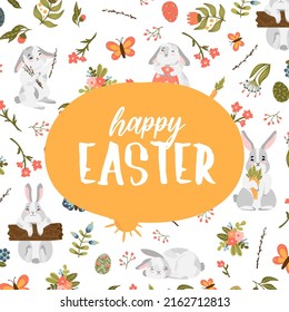 Happy Easter vector card with egg, spring flowers, bunny. Hand drawn Spring template for postcards, flyers, banners.