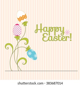 Happy Easter vector card with Easter eggs in the form of flower heads on flexible stems.