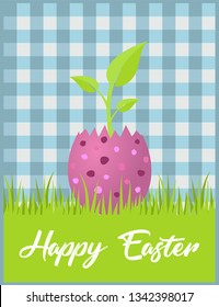 Happy Easter vector card. Green sprout growing up in the Easter purple egg.