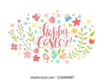 Happy Easter vector card. Hand drawn flat cartoon elements: easter eggs, flowers, and butterfly. Handwritten inscription. Brush lettering. Kids illustration. Floral gentle wreath. Holiday background.
