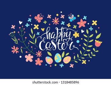 Happy Easter vector card. Hand drawn flat cartoon elements: easter eggs, flowers, and butterfly. Handwritten inscription. Brush lettering. Kids illustration. Floral wreath. Navy blue background.