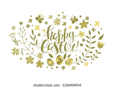 Happy Easter vector card. Hand drawn flat cartoon elements: easter eggs, flowers, and butterfly. Handwritten inscription. Brush lettering. Kids illustration. Floral gentle wreath. Holiday background.