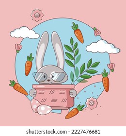 Happy Easter vector card. Hand-drawn design of Spring greeting card with cartoon, funny bunny.  Card with egg, spring flowers, carrots. 