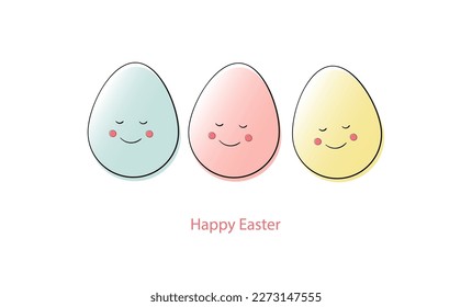 Happy Easter vector card. Hand-drawn design of Spring greeting card. Ester eggs. Funny cute faces. Colorful card design. Pascha. Colored eggs. Design for holiday greeting card and invitation