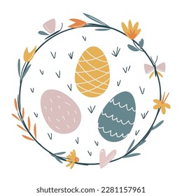 Happy Easter vector card. Hand-drawn design of Spring greeting card. Square card with egg and floral wreath with flowers and butterfly.