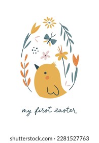 Happy Easter vector card. Hand-drawn design of Spring greeting card. Easter egg with chick, flowers and butterfly. My first Easter hand lettering