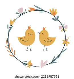 Happy Easter vector card. Hand-drawn design of Spring greeting card. Couple in love. Square card with chicks and floral wreath with flowers and butterfly.