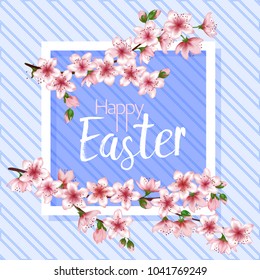 Happy Easter vector card. Japanese cherry blossom pink sakura flowers frame. Cute greeting card with sakura branch tree flowers bloom. Easter Christian holiday graphic design.