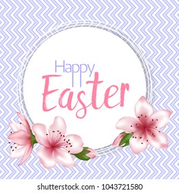 Happy Easter vector card. Japanese cherry blossom pink sakura flowers border. Elegant greeting card with sakura branch tree flowers bloom. Easter Christian holiday graphic design.
