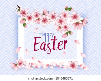 Happy Easter vector card. Japanese cherry blossom pink sakura flowers frame. Decorative greeting card with sakura branch tree flowers bloom. Easter Christian happy holiday graphic design.