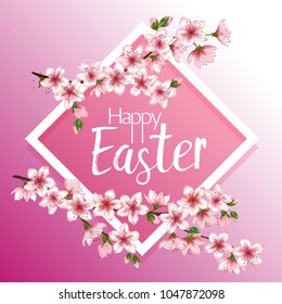 Happy Easter vector card. Japanese cherry blossom pink sakura flowers frame. Cute greeting card with sakura branch tree flowers bloom. Easter Christian holiday graphic design.