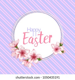 Happy Easter vector card. Japanese cherry blossom pink sakura flowers border. Tender greeting card with sakura branch tree flowers bloom. Easter Christian happy holiday graphic design.