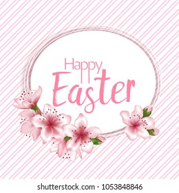 Happy Easter vector card. Japanese cherry blossom pink sakura flowers border. Beautiful greeting card with sakura branch tree flowers bloom. Easter Christian happy holiday graphic design.