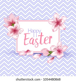 Happy Easter vector card. Japanese cherry blossom pink sakura flowers border. Elegant greeting card with sakura branch tree flowers bloom. Easter Christian happy holiday graphic design.