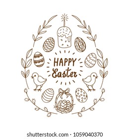 Happy Easter vector card with lettering and easter symbols in floral frame in the form of an egg