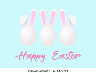 Happy Easter vector card. Easter minimal eggs with bunnys ears on the blue background