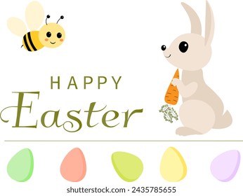 Happy Easter vector card. Multi-colored eggs, rabbit and bee. Spring card. Postcard, 