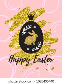 Happy Easter vector card on a hand drawn background.
Easter Egg with a golden glitter rabbit silhouette and a crown. Hand made ink texture.